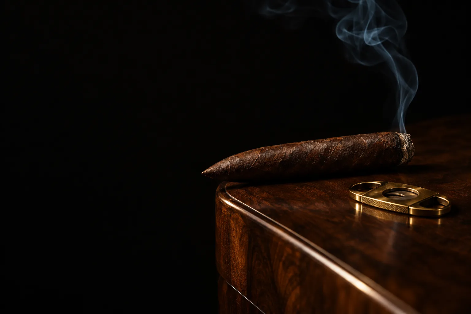 A dark torpedo cigar resting on a walnut table, smoke rising
