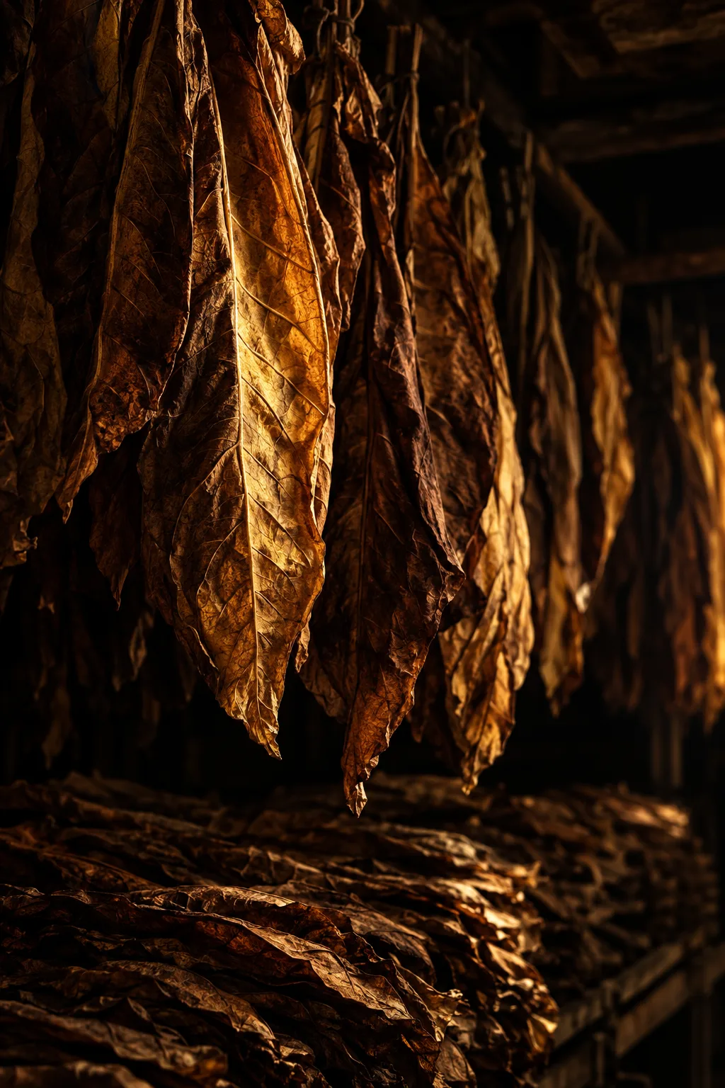 Whole tobacco leaves curing in a barn
