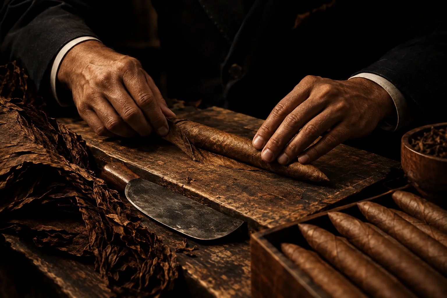 A torcedor rolling a torpedo cigar by hand with a chaveta